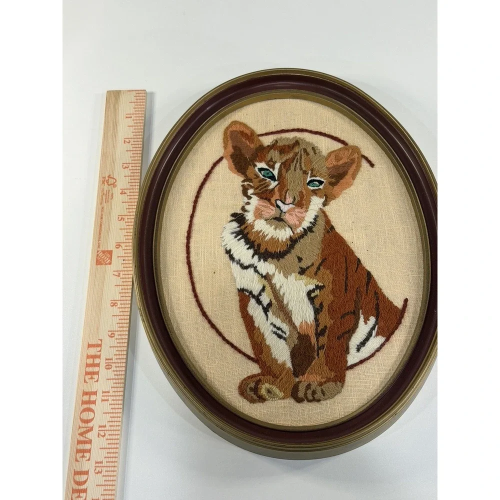 Vintage Crewel Embroidery Tiger Cub Framed Wall Art Handmade Oval Needlecraft